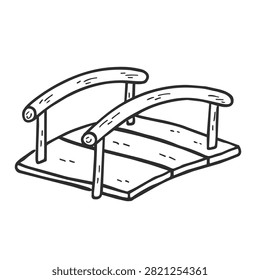 A simple black and white line art drawing of a rustic wooden bridge with arched railings isolated on a white background