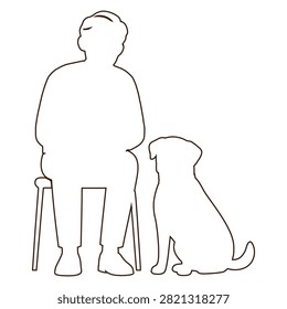 A simple black and white line art drawing showing a person sitting on a stool next to their loyal pet dog. Minimalist vector illustration style.