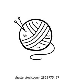 A simple black and white line art drawing of a round ball of wool yarn with two knitting needles sticking out of it isolated on a white background.