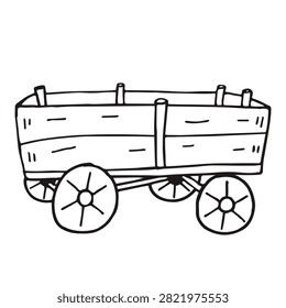 A simple black and white line art drawing of a rustic wooden wagon with four wheels and a flatbed trailer design