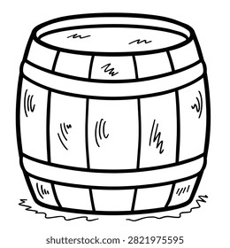 A simple black and white line art drawing of a rustic wooden barrel used for storing liquids or dry goods