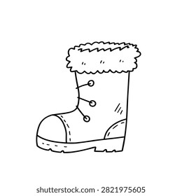 A simple black and white line art drawing of a cozy winter boot featuring a fluffy fur top and lace details isolated on a white background