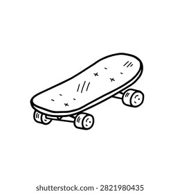 A simple black and white line art drawing of a classic skateboard viewed from a high angle perspective