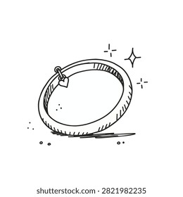 A simple black and white line art illustration of a bangle bracelet featuring a small hanging heart charm, drawn in a whimsical sketch style.
