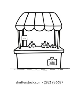 A simple black and white line art sketch of a small farmers market kiosk or stall featuring a striped canopy and fresh produce displayed on the counter