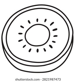 A simple black and white line art drawing of a sliced kiwi fruit showing its circular shape and center detail isolated on a white background