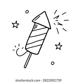 A simple black and white line art drawing of a firework rocket with stars and sparkles