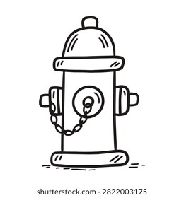 A simple black and white line art drawing of a fire hydrant with a chain attached, isolated on a plain background.