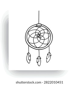 A simple black and white line art illustration of a dreamcatcher with a circular web pattern and three hanging feathers, drawn in a sketch style on a white background.