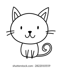 A simple black and white line art drawing of a cute kitten with a curly tail in a minimalist cartoon style