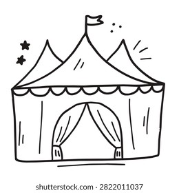 A simple black and white line art doodle of a circus tent with a flag on top and stars decorations.