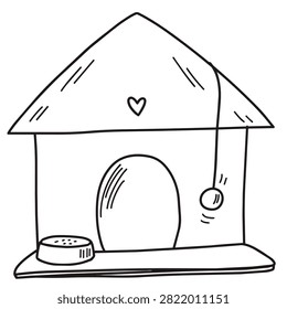 Simple black and white line art illustration of a cozy animal house with a heart symbol, a feeding dish, and a dangling ball toy for a pet