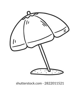 A simple black and white line art illustration of a beach umbrella planted in a small patch of sand