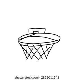 A simple black and white line art drawing of a basketball hoop with a net isolated on a white background