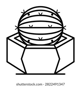Simple black and white line art depicting a spherical object with horizontal lines and small spikes sitting inside an open geometric cube container.