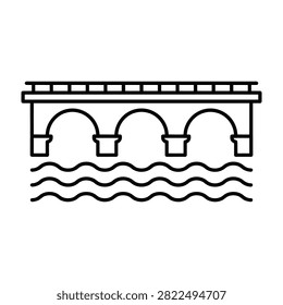 Simple black and white line art icon of an arched bridge spanning over wavy river water. Perfect for architecture, transportation, city planning, and travel themes.