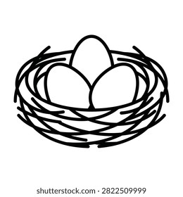 A simple black and white line art icon showing a bird nest containing three eggs. This minimalist symbol represents nature, spring, growth, and avian life cycles.