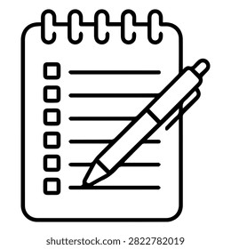A simple black and white line art icon showing a spiral notebook with a checklist and a pen resting on top.