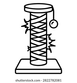 A simple black and white line art illustration of a cat scratching post with a dangling ball toy.