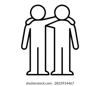 A simple black and white line art icon depicting two stick figures standing side by side with one person putting their arm around the other's shoulder.