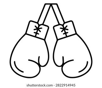 A simple black and white line art illustration of a pair of hanging boxing gloves, representing combat sports, training, fitness, and professional fighting equipment.