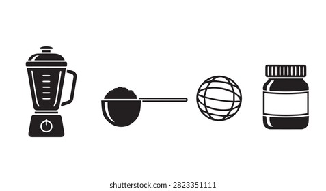 Simple black and white line art of a blender, fruit, globe, and supplement pills, representing healthy lifestyle, nutrition, and global wellness concepts.