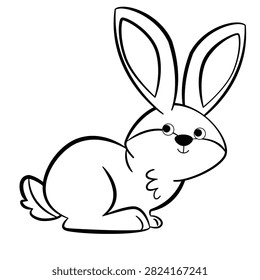 A simple black and white line art illustration of a cute rabbit sitting on a white background, ideal for design projects.