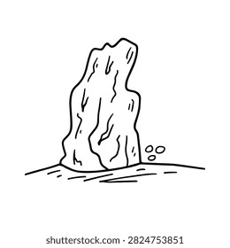 A simple black and white line art drawing of a tall jagged rock standing on the ground with small pebbles nearby.