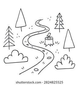 A simple black and white line art illustration featuring a curved trail, stylized pine trees, bushes, and a small bird perched on a tree stump.