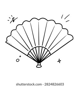 A simple black and white line art drawing of an open handheld folding fan with decorative sparkles and dots