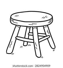 A simple black and white line art drawing of a small round wooden stool with four legs and support crossbars