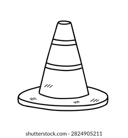 A simple black and white line art drawing of a road safety traffic cone with stripes