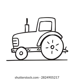 A simple black and white line art drawing of a farm tractor in a minimalist doodle style.