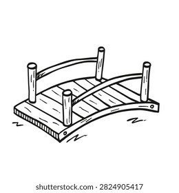 A simple black and white line art sketch of a classic curved garden bridge with wooden railings on a white background
