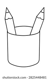 A simple black and white line art illustration of two pencils standing inside a cylindrical pencil holder cup.