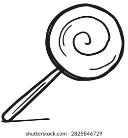 A simple black and white line art drawing of a round spiral lollipop on a stick presented in a hand drawn doodle style