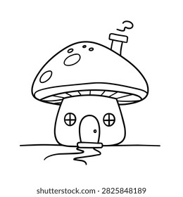 A simple black and white line art drawing of a magical fairy mushroom house with a chimney and windows, suitable for children to color.