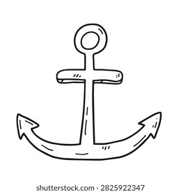 A simple black and white line art drawing of a traditional maritime anchor with a round ring at the top and sharp fluke ends.