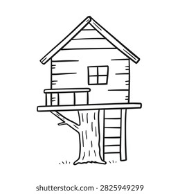 A simple black and white line art drawing of a rustic treehouse with a small balcony and a wooden ladder attached to the tree trunk