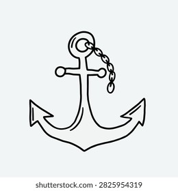 A simple black and white line art sketch of a classic nautical ship anchor featuring a small segment of chain attached to the ring