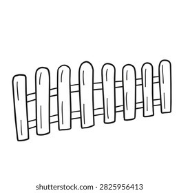 A simple black and white line art illustration of a wooden picket fence with horizontal rails