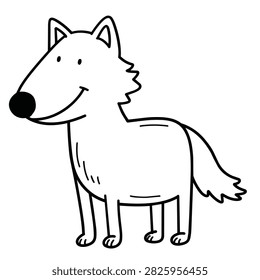 A simple black and white line art drawing of a friendly wolf character standing on a plain background.