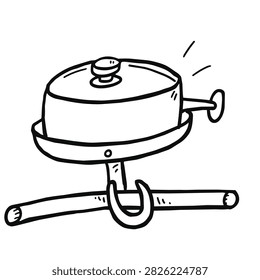 A simple black and white line art drawing of a classic round bike bell mounted on a bicycle handlebar