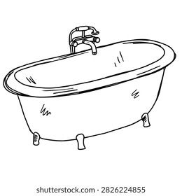 A simple black and white line art drawing of an old fashioned freestanding bathtub with faucet fixtures and ornate feet