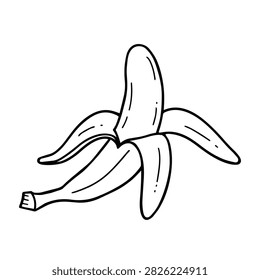 A simple black and white line art drawing of a single peeled banana fruit on a white background