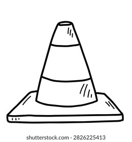 A simple black and white line art drawing of a standard construction safety traffic cone on a square base