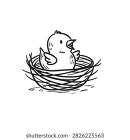 A simple black and white line art illustration of a tiny chirping baby bird resting inside a woven twig bird nest.