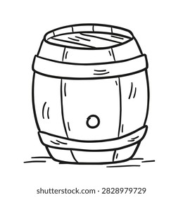 A simple black and white line art drawing of a rustic wooden cask or barrel with metal hoops used for storage of wine or liquid.