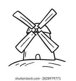 A simple black and white line art drawing of a classic windmill standing on a small hill.