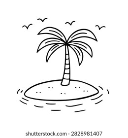 A simple black and white line art drawing featuring a solitary palm tree on a small island surrounded by water with birds flying in the sky
